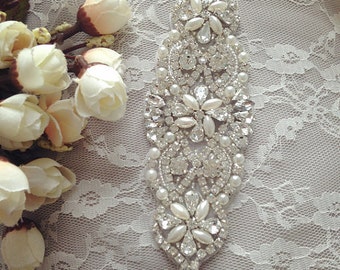 rhinestone and pearl applique, crystal beaded applique for wedding belt bridal sash zp14