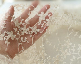 ivory ivory Lace Fabric, cotton Embroidered Lace, tulle lace fabric with flowers,mesh lace curtain fabric