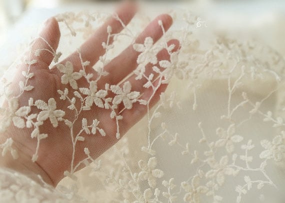 ivory ivory Lace Fabric, cotton Embroidered Lace, tulle lace fabric with flowers,mesh lace curtain fabric