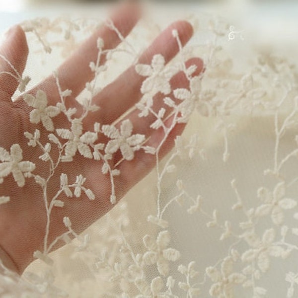 ivoire ivoire Dentelle Tissu, coton Dentelle brodée, tulle dentelle tissu avec fleurs, tissu rideau de dentelle maille