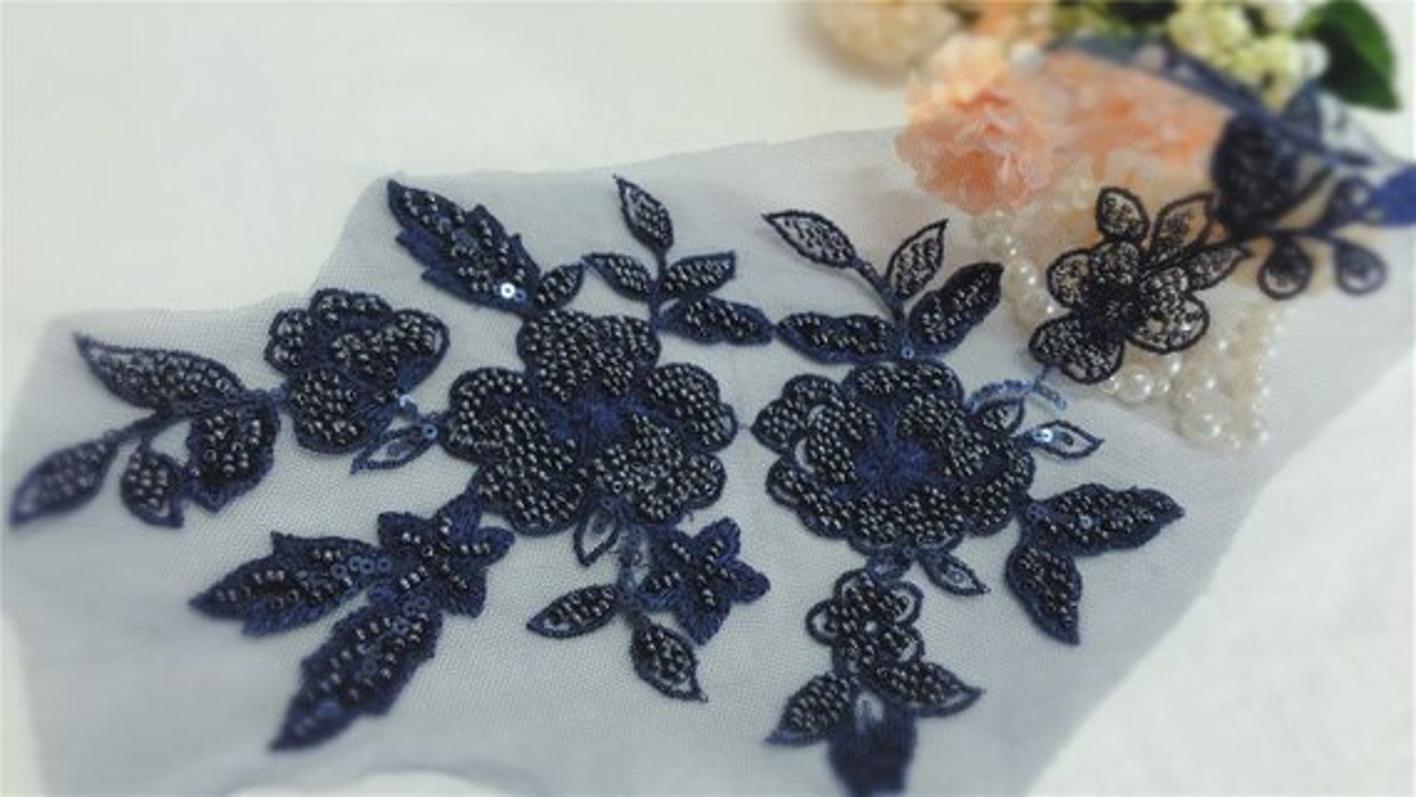 3d Navy Blue Bead Flower Motif Lace Applique Heavy Bead Lace Etsy