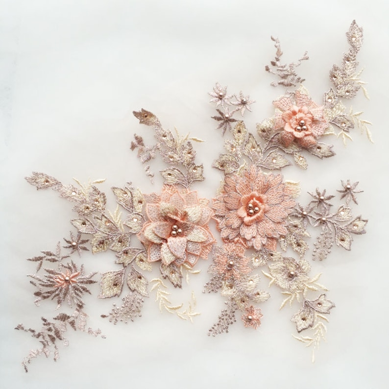 heavy embroidered lace applique peach pink heavy bead lace applique 3D lace applique with beads 3d flower applique for haute couture