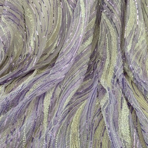 Purple bead and sequined lace fabric with white flowers by the yard for bridal dress, heavy bead tulle lace fabric