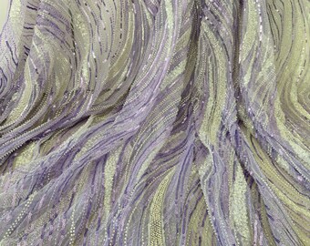 Purple bead and sequined lace fabric with white flowers by the yard for bridal dress, heavy bead tulle lace fabric
