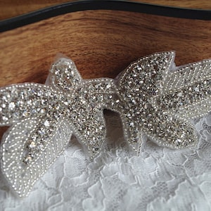 rhinestone applique, bridal headpiece applique, bridal belt applique, bridal sash applique with floral leaf design