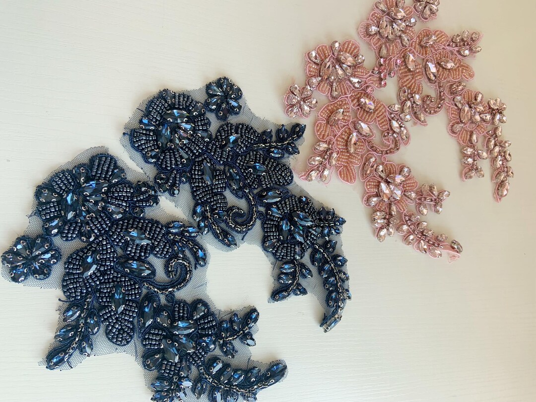 Navy Rhinestone Patch by Pair, Rhinestone Appliqué With Flowers for ...