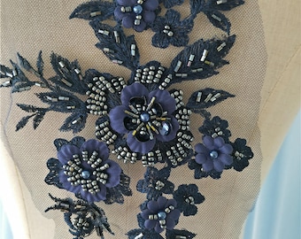 navy blue heavy bead lace applique, 3D lace applique with beads, 3d flower applique for haute couture, heavy embroidered lace applique