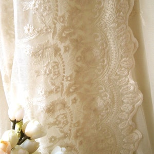 SALE cream tulle lace fabric, ivory gauze lace fabric, floral lace fabric by yard,scalloped lace fabric