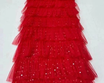 red Ruffles fabric with sequins, sparkle ruffled fabric for cake dress, prop, ball gown, dance costume, tutu dress, desk dress