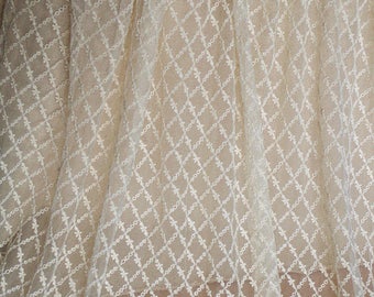 ivory cream lace fabric with checks, cream cotton lace fabric, embroidered tulle lace fabric, tulle lace fabric