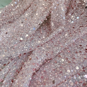 pink sequined tulle fabric by the yard for dress, gowns, dance costume, heavy bead tulle lace fabric