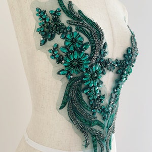 Emerald green rhinestone applique for dress, couture, dance costume, handcrafted rhinestone applique