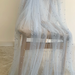 3yards soft blue tulle fabric with pearls,  pearl bead tulle fabric for veils, dress, skirt, prop, photography backdrop