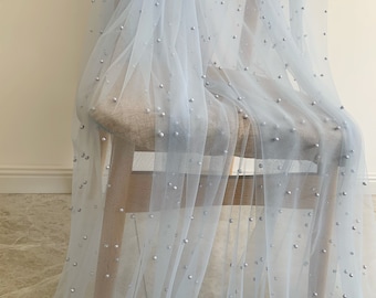 3yards soft blue tulle fabric with pearls,  pearl bead tulle fabric for veils, dress, skirt, prop, photography backdrop