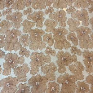 brown 3D flowers fabric with beads for dress, heavy bead tulle fabric with 3d florals