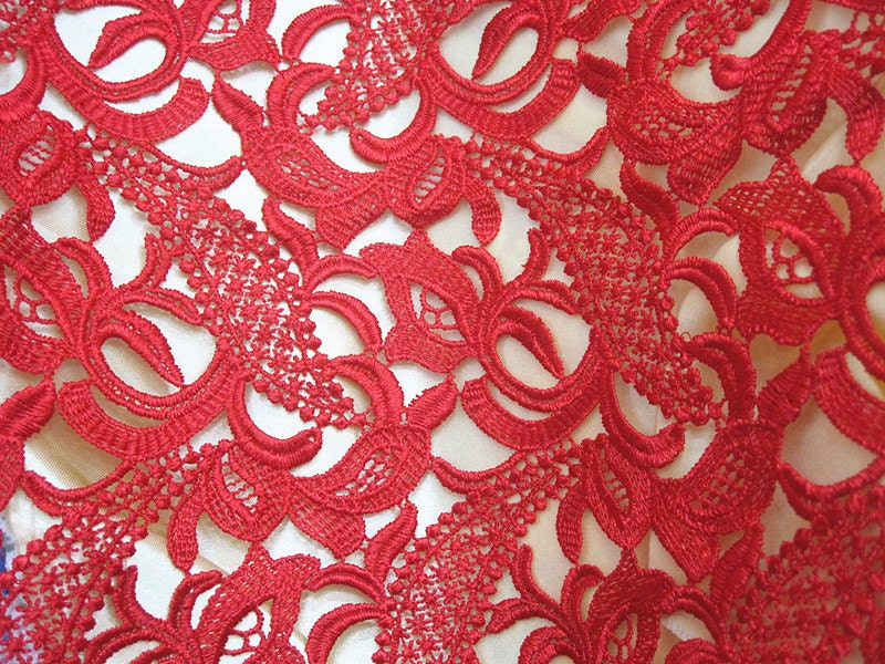Red Crocheted Lace Fabric Embroidered Flowers Hollowed Out Etsy