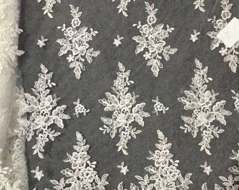 ivory cord lace fabric with retro floral, alencon lace fabric with scalloped edges