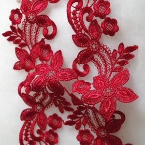 wine red lace applique, venice lace applique, retro flower lace applique, bridal headpiece lace applique by pairs