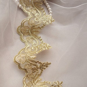 gold lace trim, gold alencon lace trim, gold scalloped lace in gold, gold cord lace by the yard for bridal veil image 5