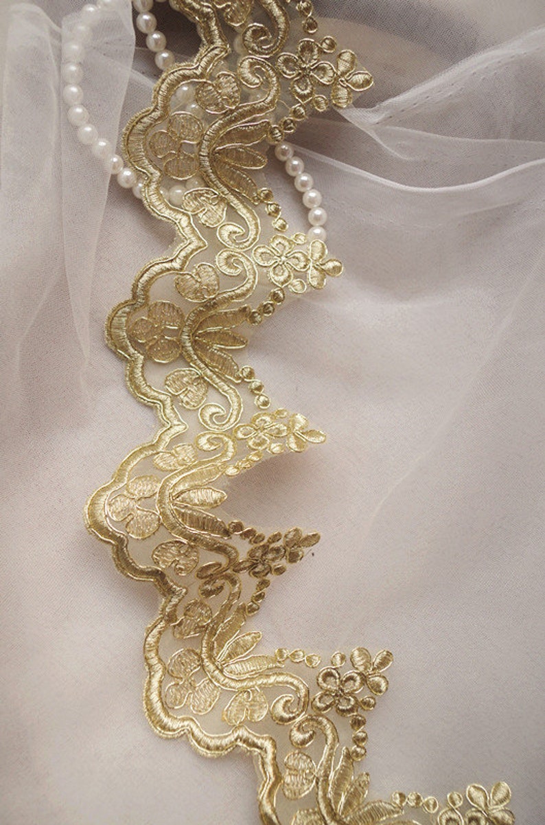 gold lace trim, gold alencon lace trim, gold scalloped lace in gold, gold cord lace by the yard for bridal veil image 5