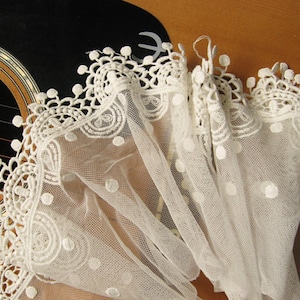 off white lace trim , cotton embroidered tulle lace with polka dots