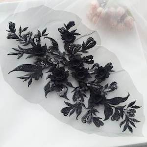 3d black silk flower motif lace applique, heavy bead lace applique, 3D lace applique with rhinestones, 3d floral, 3d flower applique
