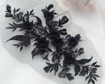3d black silk flower motif lace applique, heavy bead lace applique, 3D lace applique with rhinestones, 3d floral, 3d flower applique