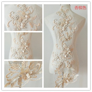 champagne 3d florals lace applique, heavy bead lace applique, 3D lace applique with rhinestones, bridal applique, 3d flower applique
