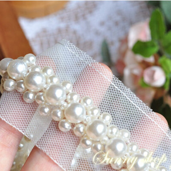 Pearl beaded lace trim, pearl beading trim, for bridal sash, bridal belt,