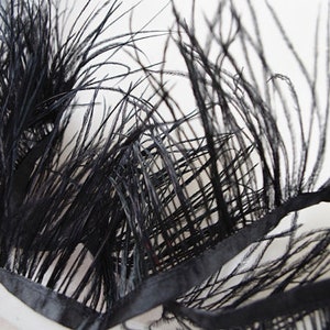 May include: Black ostrich feathers arranged in a fan shape. The feathers are soft and fluffy, with a delicate texture.