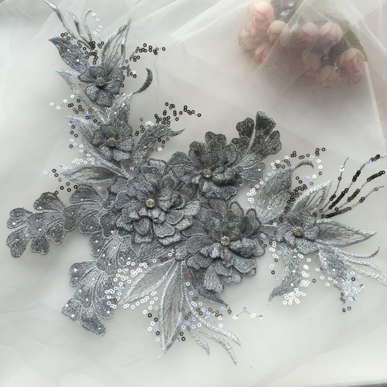 3d Silver Grey Silk Flower Motif Lace Applique Heavy Bead Etsy