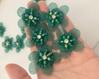 5pcs dark emerald green handmade flowers applique, handmade flowers with beads, organza 3d flowers applique