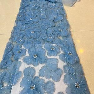 blue 3D flowers lace fabric with beads for bridal dress, heavy beaded tulle fabric with 3d florals