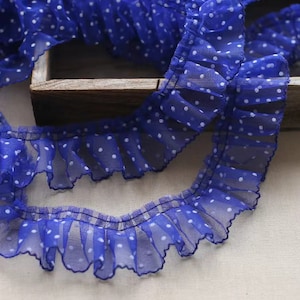 10 yards blue frill trim with polka dots, 10 yards soft tulle ruffled trim with dots, 8 colors