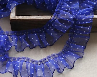 10 yards blue frill trim with polka dots, 10 yards soft tulle ruffled trim with dots, 8 colors