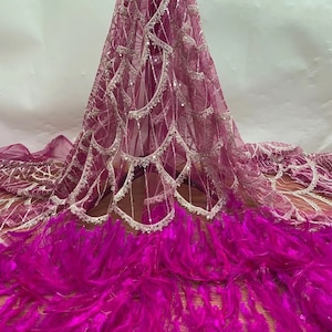 off white sequined lace fabric with Ostrich feather, bead lace fabric with sequin for mermaid dress, costume dress Hot pink