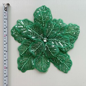 Green bead lace applique, heavy bead lace applique, 3D flowers lace applique with beads and rhinestones for haute couture image 9