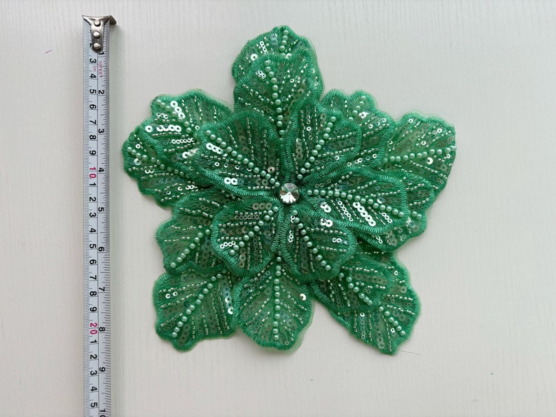 Green bead lace applique, heavy bead lace applique, 3D flowers lace applique with beads and rhinestones for haute couture image 9