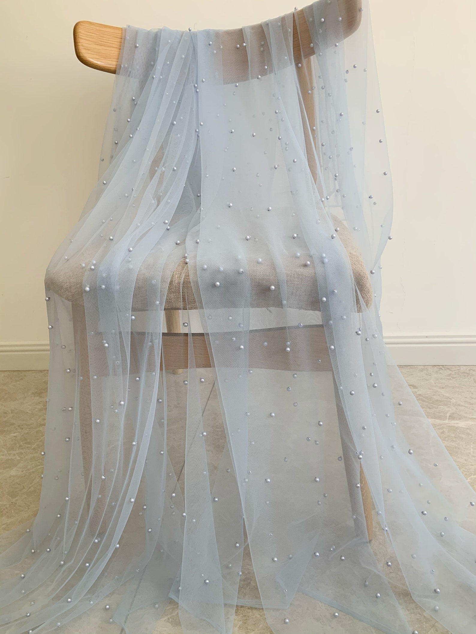 3yards Soft Blue Tulle Fabric With Pearls Pearl Bead Tulle Etsy