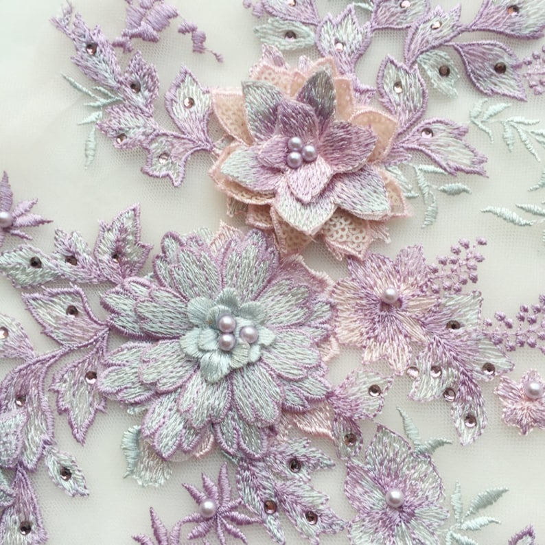 heavy embroidered lace applique peach pink heavy bead lace applique 3D lace applique with beads 3d flower applique for haute couture