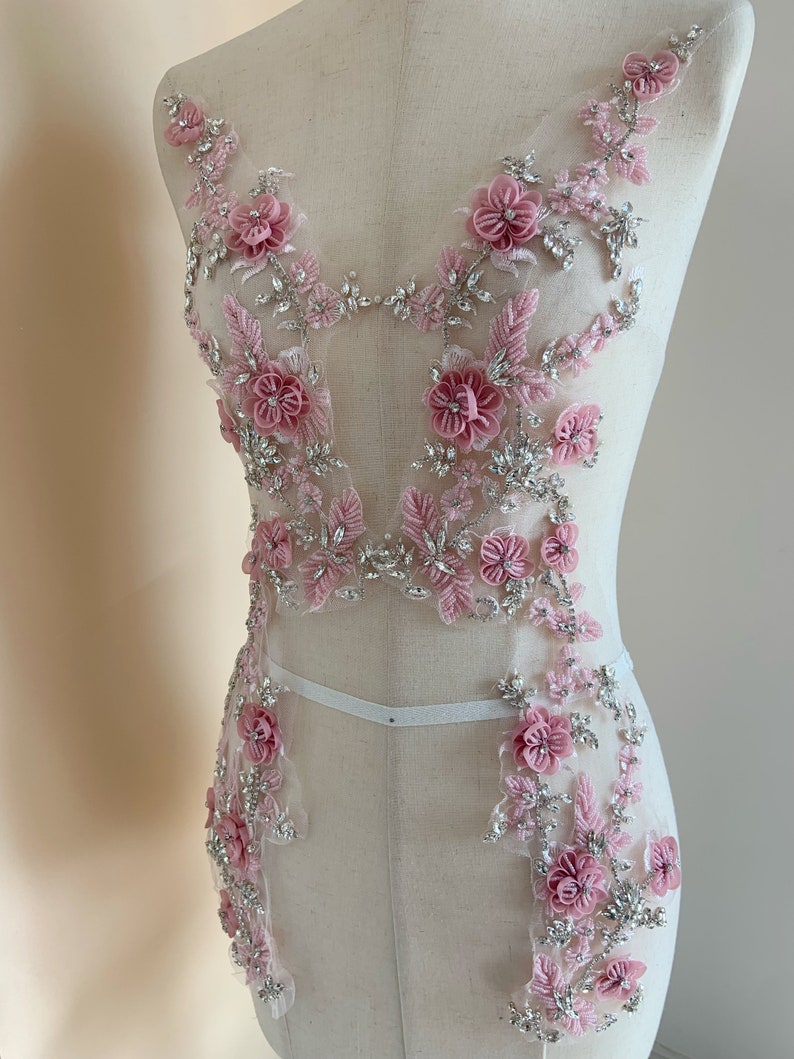 Pink rhinestone appliqué with 3d florals for couture, dance costume, bridal headpiece 2pairs in 1st photo