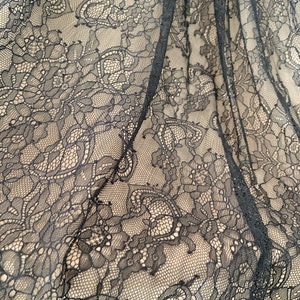 1.5 yards Black Chantilly lace fabric, French chantilly lace, wedding lace fabric with scalloped borders