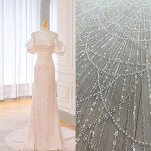 off white Pearl beaded lace fabric by the yard for bridal dress, heavy bead tulle lace fabric