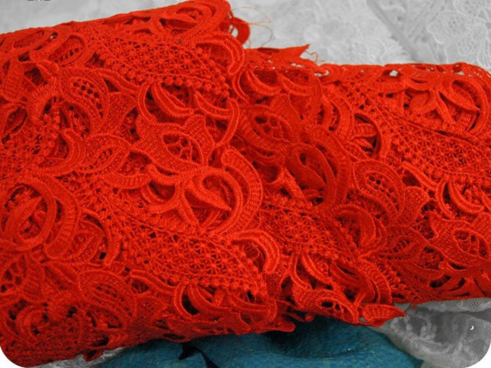 Red Crocheted Lace Fabric Embroidered Flowers Hollowed Out Etsy