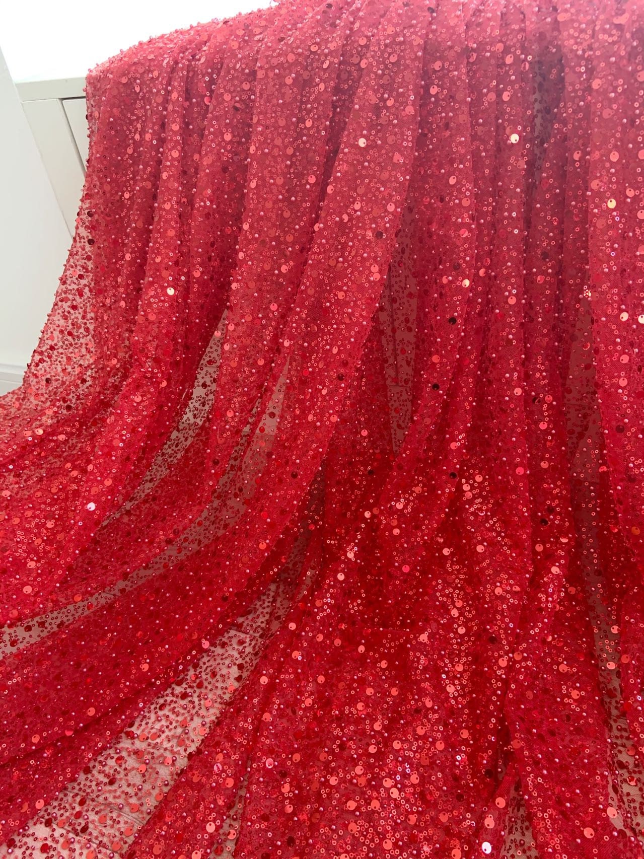 Bright Red Stiff Dense Glitter Tulle Fabric by the Yard - OneYard