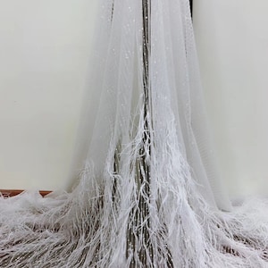 off white French lace fabric with Ostrich feather, 3D lace fabric with sequins