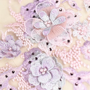 pastel lavender lace applique, heavy bead lace applique, 3D lace applique with rhinestones, bridal applique, 3d floral, 3d flower applique