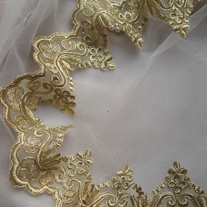 gold lace trim, gold alencon lace trim, gold scalloped lace in gold, gold cord lace by the yard for bridal veil image 3