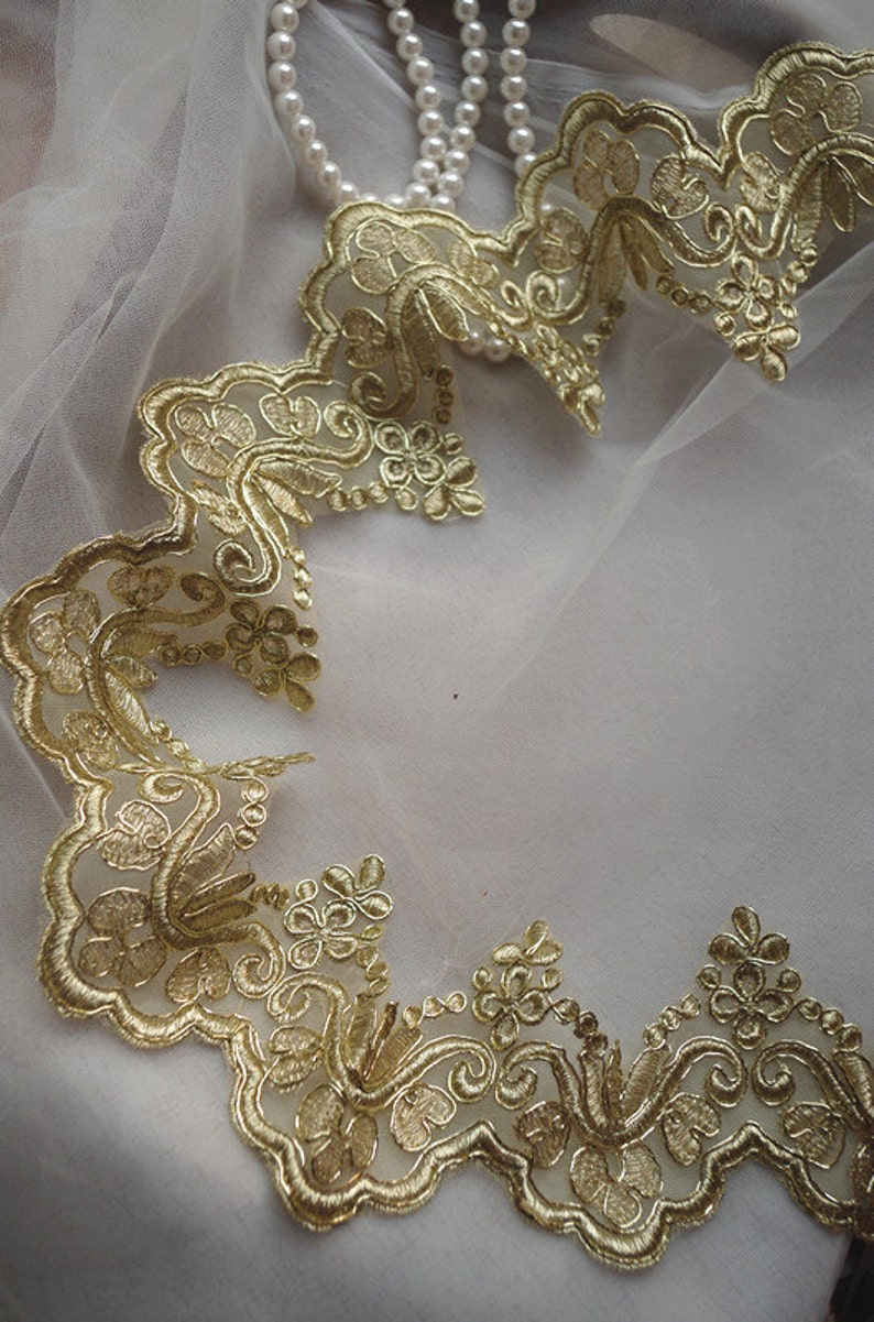 gold lace trim, gold alencon lace trim, gold scalloped lace in gold, gold cord lace by the yard for bridal veil image 3