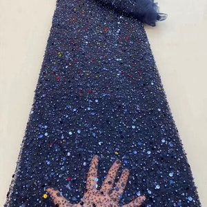 tela de encaje de cuentas azul marino cortada a medida para vestido de novia, tela de encaje de tul con cuentas pesadas